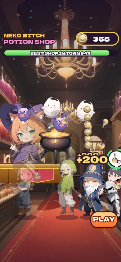 Idle shop playable: a potion shop with a queue of customers