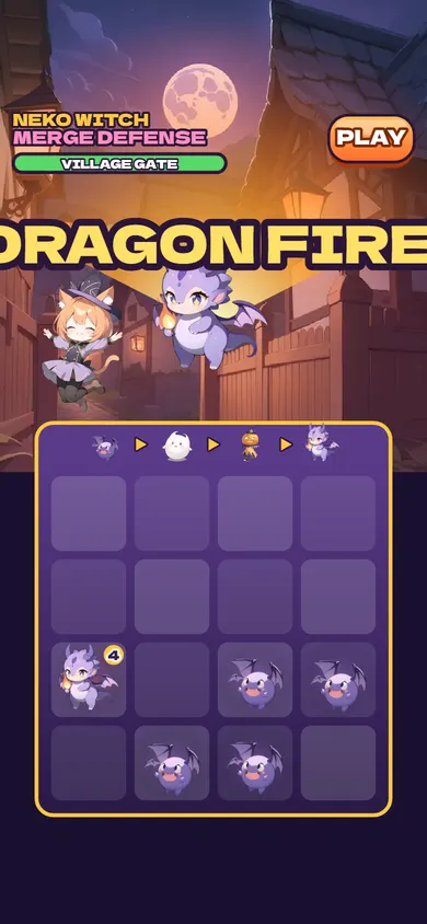 Merge defense playable: merge familiars into a dragon to protect the village